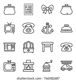 Thin line icon set : purse, abacus, bow, tv, phone, anchor, service bell, wardrobe, dresser, stool, fireplace, hand mill, car wash