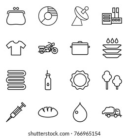 Thin line icon set : purse, circle diagram, satellite antenna, store, t shirt, motorcycle, pan, plate washing, towels, vegetable oil, induction oven, trees, syringe, bread, drop, trash truck