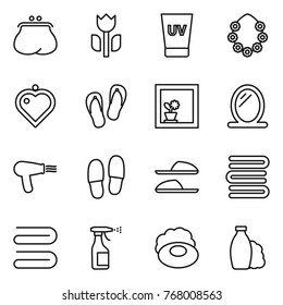 Thin line icon set : purse, perishable, uv cream, hawaiian wreath, heart pendant, flip flops, flower in window, mirror, hair dryer, slippers, towels, towel, sprayer, soap, shampoo