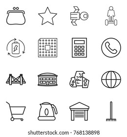 Thin line icon set : purse, star, satellite, hoverboard, battery charge, cpu, calculator, phone, bridge, airport building, modern architecture, globe, cart, kettle, garage, rake