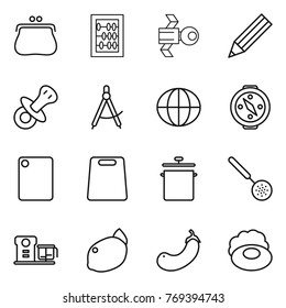 Thin line icon set : purse, abacus, satellite, pencil, nipple, draw compass, globe, cutting board, pan, skimmer, food processor, lemon, eggplant, soap