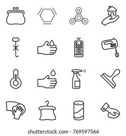 Thin line icon set : purse, hex molecule, spinner, real estate, do not hook sign, acid, remote control, mixer, thermometer, hand drop, sprayer, scraper, wiping, hanger, cleanser powder