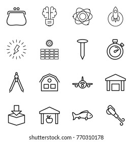 Thin line icon set : purse, bulb brain, atom, rocket, lightning, sun power, nail, stopwatch, drawing compasses, house, plane, warehouse, package, fish, blower