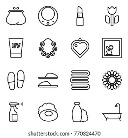 Thin line icon set : purse, necklace, lipstick, perishable, uv cream, hawaiian wreath, heart pendant, flower in window, slippers, towels, sprayer, soap, shampoo, bath