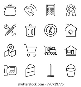 Thin line icon set : purse, call, calculator, medal, pencil wrench, bin, info, smart house, map, cart, train, home, intercome, cake, rake, bucket