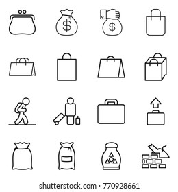 Thin line icon set : purse, money bag, gift, shopping, tourist, passenger, suitcase, baggage, flour, fertilizer, construct garbage