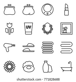 Thin line icon set : purse, necklace, lipstick, perishable, uv cream, hawaiian wreath, flower in window, hair dryer, slippers, towels, towel, soap, shampoo, bath