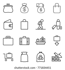 Thin line icon set : purse, money bag, gift, shopping, wallet, tourist, passenger, suitcase, baggage checking, get, trolley, flour, garbage, construct