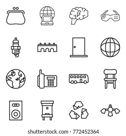 Thin line icon set : purse, notebook globe, brain, smart glasses, spark plug, bridge, door, phone, bus, chair, speaker, hive, recycling, hard reach place cleaning