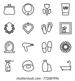 Thin line icon set : purse, necklace, perishable, uv cream, hawaiian wreath, heart pendant, flip flops, flower in window, mirror, hair dryer, slippers, sprayer, soap, shampoo, bath