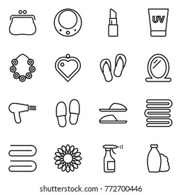 Thin line icon set : purse, necklace, lipstick, uv cream, hawaiian wreath, heart pendant, flip flops, mirror, hair dryer, slippers, towels, towel, flower, sprayer, shampoo