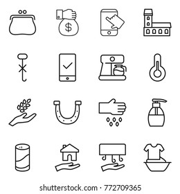Thin line icon set : purse, money gift, touch, mansion, do not hook sign, mobile checking, coffee maker, thermometer, harvest, horseshoe, sow, liquid soap, cleanser powder, housing, hand dryer