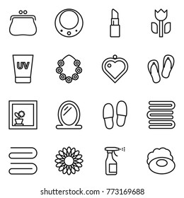 Thin line icon set : purse, necklace, lipstick, perishable, uv cream, hawaiian wreath, heart pendant, flip flops, flower in window, mirror, slippers, towels, towel, sprayer, soap