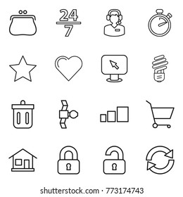 Thin line icon set : purse, 24 7, call center, stopwatch, star, heart, monitor arrow, bulb, bin, satellite, sorting, cart, home, locked, unlocked, reload