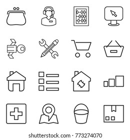 Thin line icon set : purse, call center, abacus, monitor arrow, satellite, pencil wrench, cart, remove from basket, home, list, smart house, sorting, first aid, map, bucket, package