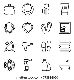 Thin line icon set : purse, necklace, perishable, uv cream, hawaiian wreath, heart pendant, flip flops, flower in window, mirror, hair dryer, slippers, towels, sprayer, shampoo, bath