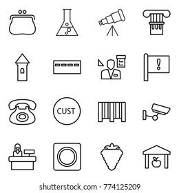 Thin line icon set : purse, flask, telescope, column, tower, bunker, architector, important flag, phone, customs, bar code, surveillance, reception, ring button, berry, warehouse