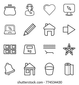 Thin line icon set : purse, call center, heart, monitor arrow, notebook, pencil, home, right, panel house, heavy, lounger, starfish, bell, bucket, paper towel
