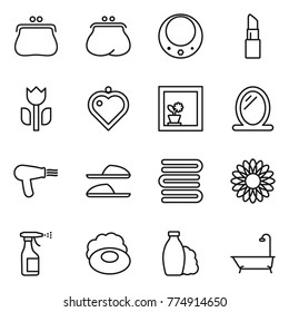 Thin line icon set : purse, necklace, lipstick, perishable, heart pendant, flower in window, mirror, hair dryer, slippers, towels, sprayer, soap, shampoo, bath