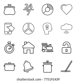 Thin line icon set : purse, 24 7, circle diagram, heart, touch, bulb head, cloud wireless, stopwatch, home, train, unlocked, pan, bell, rake
