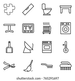 Thin line icon set : puzzle, level, toilet, table, tv, radiator, washing machine, scoop, satellite antenna, oven, thermometer, pruner, broom, brush