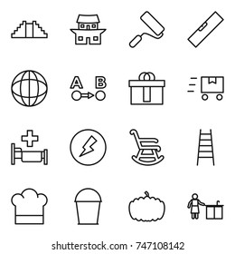 thin line icon set : pyramid, japanese house, repair, level, globe, route a to b, hi quality package, fast deliver, hospital, electricity, rocking chair, stairs, cook hat, bucket, pumpkin