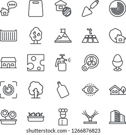 Thin Line Icon Set - radar vector, trowel, tree, seedling, garden sprayer, cargo container, eye id, house with, fruit, flower in pot, estate insurance, cook, egg stand, cafe building, cutting board