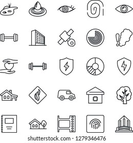 Thin Line Icon Set - radar vector, office building, circle chart, tree, barbell, heart hand, eye, satellite, film frame, protect, fingerprint id, copybook, house with garage, pond, smart home, water