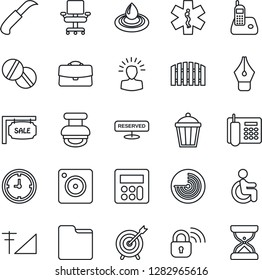Thin Line Icon Set - radar vector, garden knife, light, pills, ambulance star, disabled, clock, radio phone, mobile camera, calculator, folder, cellular signal, case, ink pen, office, chair, stamp