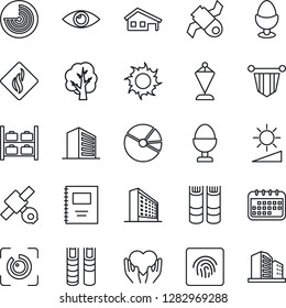 Thin Line Icon Set - radar vector, luggage storage, office building, book, pennant, tree, sun, heart hand, eye, satellite, brightness, id, fingerprint, copybook, pie graph, house with garage