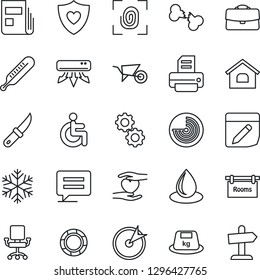 Thin Line Icon Set - radar vector, printer, wheelbarrow, water drop, garden knife, thermometer, heart shield, disabled, hand, broken bone, heavy, message, notes, case, news, house, rooms, snowflake
