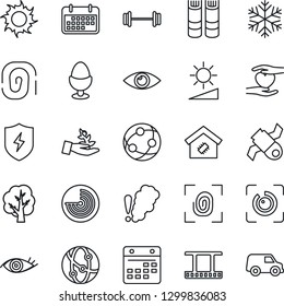 Thin Line Icon Set - radar vector, book, tree, sun, barbell, heart hand, eye, satellite, term, film frame, network, protect, calendar, brightness, id, smart home, egg stand, fingerprint, snowflake