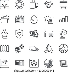 Thin Line Icon Set - radar vector, desk, presentation board, circle chart, stamp, water drop, heart shield, cash, car delivery, barcode, favorites list, mobile camera, scanner, download, coffee