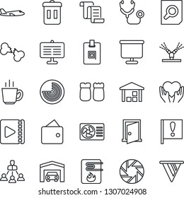 Thin Line Icon Set - radar vector, plane, contract, document search, stethoscope, heart hand, broken bone, important flag, warehouse, mobile camera, video, presentation board, identity card, garage
