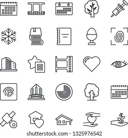 Thin Line Icon Set - radar vector, tree, heart, syringe, hand, eye, satellite, term, film frame, favorites list, fingerprint id, calendar, copybook, book, house with garage, sweet home, egg stand