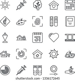 Thin Line Icon Set - radar vector, book, pennant, tree, sun, heart, syringe, film frame, calendar, brightness, eye id, copybook, house with garage, pond, sweet home, smart, fingerprint, palm sproute
