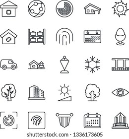 Thin Line Icon Set - radar vector, luggage storage, pennant, tree, sun, eye, film frame, network, brightness, id, fingerprint, calendar, house with garage, smart home, egg stand, snowflake, car