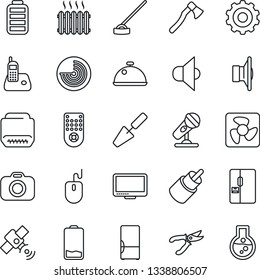 Thin Line Icon Set - radar vector, gear, mouse, trowel, pruner, hoe, axe, camera, microphone, satellite, speaker, remote control, monitor, radio phone, battery, low, rca, hdmi, heater, fridge, dish