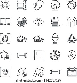 Thin Line Icon Set - radar vector, book, circle chart, tree, sun, barbell, satellite, film frame, favorites list, protect, eye id, fingerprint, copybook, house with garage, egg stand, water