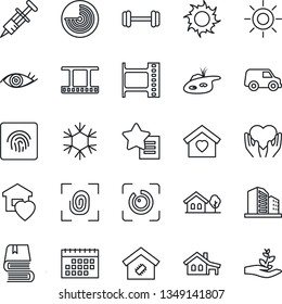 Thin Line Icon Set - radar vector, sun, syringe, barbell, heart hand, eye, film frame, favorites list, id, fingerprint, calendar, book, house with garage, tree, pond, sweet home, smart, snowflake