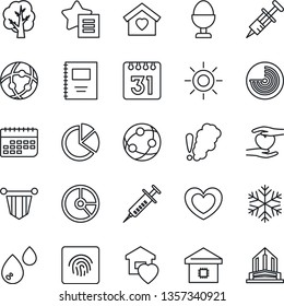 Thin Line Icon Set - radar vector, pennant, circle chart, tree, sun, heart, syringe, hand, term, network, favorites list, calendar, fingerprint id, copybook, pie graph, sweet home, smart, egg stand