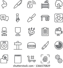 Thin Line Icon Set - radar vector, office chair, desk, pen, notepad, brainstorm, trowel, tree, garden knife, stomach, signpost, fragile, no trolley, video camera, dialog, speaker, clipboard, tie