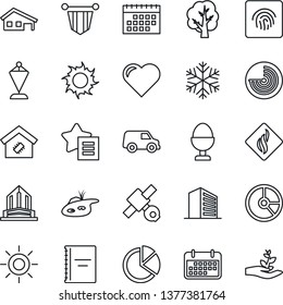 Thin Line Icon Set - radar vector, office building, pennant, circle chart, tree, sun, heart, satellite, term, favorites list, fingerprint id, calendar, copybook, pie graph, house with garage, pond