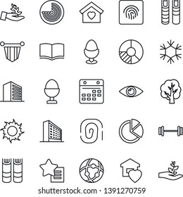 Thin Line Icon Set - radar vector, office building, book, pennant, circle chart, tree, sun, barbell, eye, favorites list, network, calendar, fingerprint id, pie graph, sweet home, egg stand