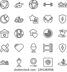 Thin Line Icon Set - radar vector, pennant, heart, barbell, hand, satellite, film frame, network, favorites list, protect, brightness, fingerprint id, pie graph, house with tree, pond, sweet home