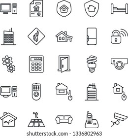 Thin Line Icon Set - radio phone vector, house with garage, estate document, bedroom, cushioned furniture, fridge, city, insurance, home control, eco, wireless lock, remote, web camera, pc, gear