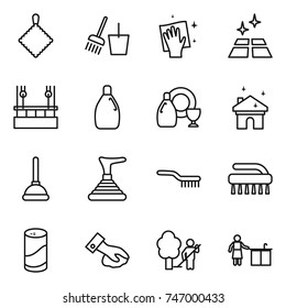 thin line icon set : rag, bucket and broom, wiping, clean floor, skysrcapers cleaning, cleanser, dish, house, plunger, brush, powder, garden, kitchen