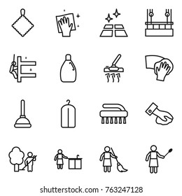 Thin line icon set : rag, wiping, clean floor, skysrcapers cleaning, skyscrapers, cleanser, vacuum cleaner, plunger, dry wash, brush, garden, kitchen, brooming, woman with duster