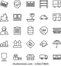 Thin Line Icon Set - railroad vector, store, plane, cash, 24 hours, support, car delivery, sea port, consolidated cargo, clipboard, fragile, umbrella, up side sign, sorting, shield, flammable, rack