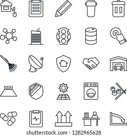 Thin Line Icon Set - rake vector, pills, pulse clipboard, traffic light, up side sign, shield, oil barrel, satellite antenna, touch screen, share, manager desk, pencil, sun panel, garage, city house